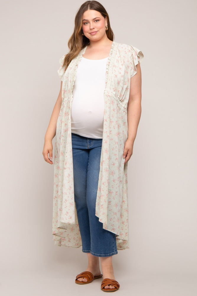 Light Mint Floral Crochet Front Tie Maternity Plus Coverup