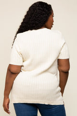 Cream Ribbed Knit Button Plus Top