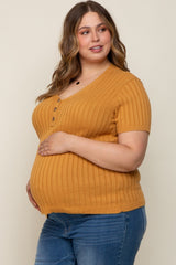 Camel Ribbed Knit Button Plus Maternity Top