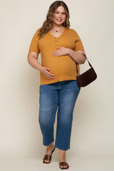 Camel Ribbed Knit Button Plus Maternity Top