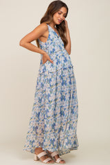 Blue Floral Chiffon Sleeveless Maternity Maxi Dress