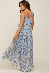 Blue Floral Chiffon Sleeveless Maternity Maxi Dress