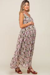Pink Floral Chiffon Sleeveless Maternity Maxi Dress