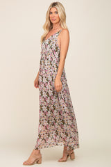 Pink Floral Chiffon Sleeveless Maxi Dress