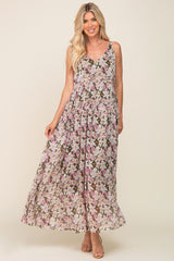 Pink Floral Chiffon Sleeveless Maxi Dress