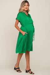 Green Satin Button Front Waist Tie Maternity Midi Dress