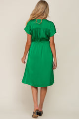 Green Satin Button Front Waist Tie Maternity Midi Dress