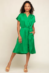 Green Satin Button Front Waist Tie Midi Dress