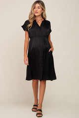 Black Satin Button Front Waist Tie Maternity Midi Dress