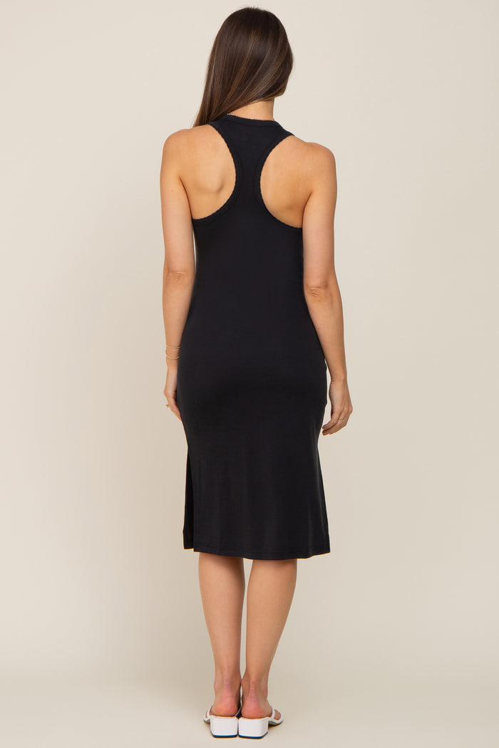 Black Ribbed Side Slit Maternity Midi Dress