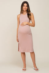 Mauve Ribbed Side Slit Maternity Midi Dress