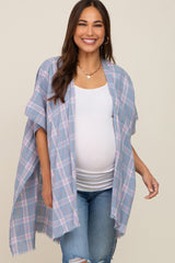 Blue Plaid Frayed Hem Maternity Cover Up