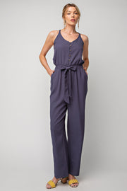 Washed Navy Soft Washed Twill Button Down Jumpsuit