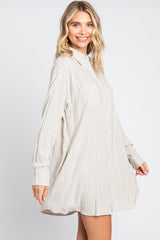 Beige Pinstriped Button-Down Linen Dress