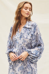 Blue Paisley Print Button Down Long Sleeve Dress