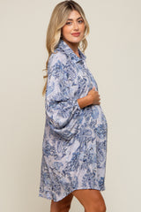 Blue Paisley Print Button Down Long Sleeve Maternity Dress