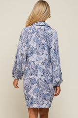 Blue Paisley Print Button Down Long Sleeve Maternity Dress