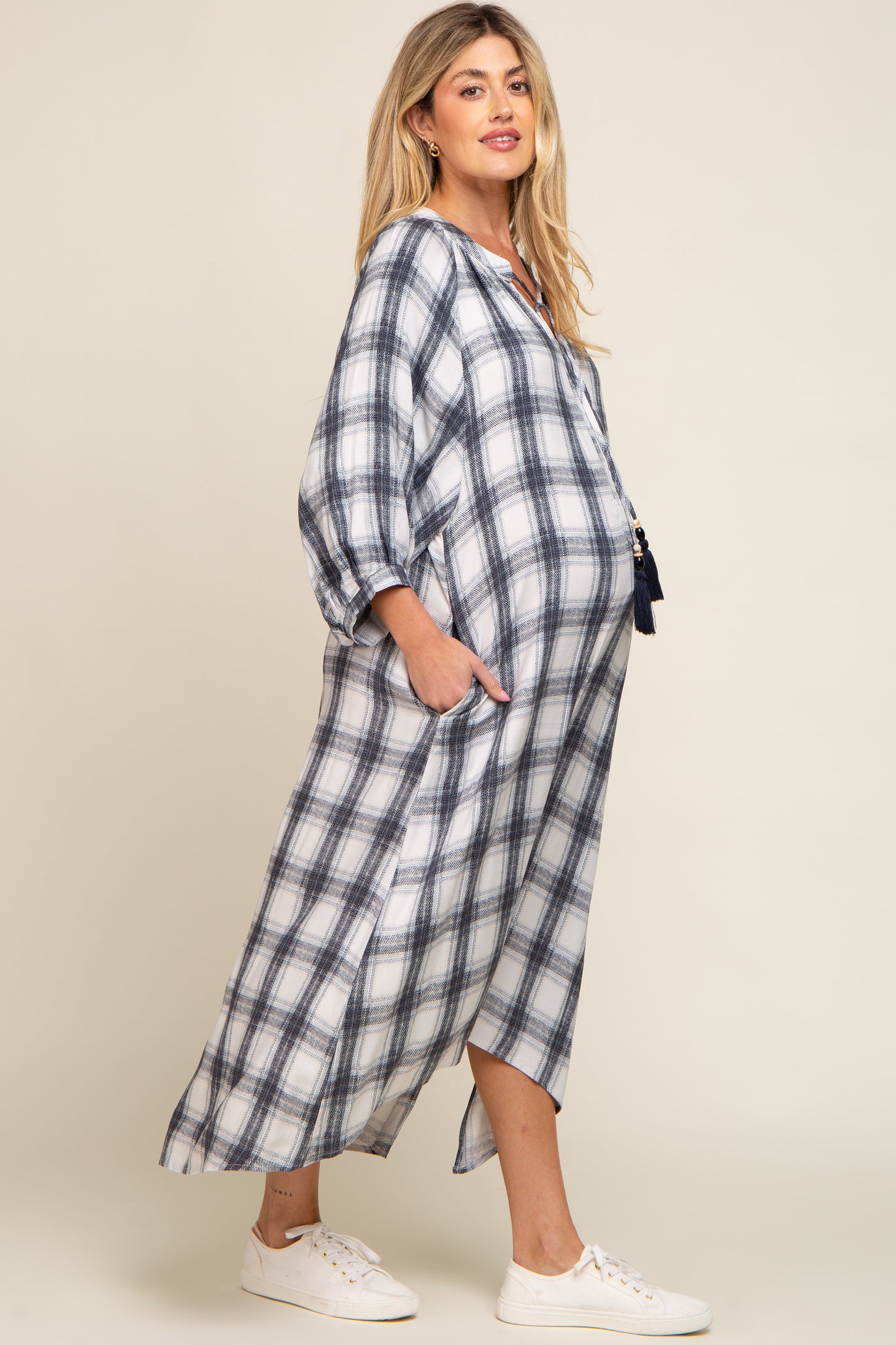 Ivory Plaid 3/4 Sleeve Maternity Midi Dress