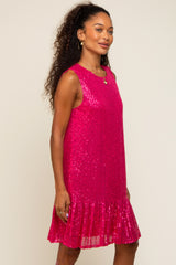 Fuchsia Sequin Sleeveless Ruffle Hem Dress