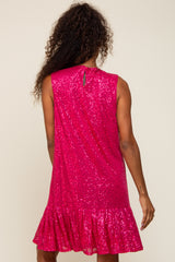 Fuchsia Sequin Sleeveless Ruffle Hem Dress