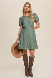 Green Classic Short Sleeve Cinched Waist Dress