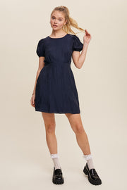 Navy Classic Short Sleeve Cinched Waist Dress