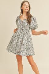 Navy Floral Sweetheart Neckline Mini Dress