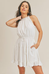 White Ruffled Halter Neck Tiered Woven Mini Dress