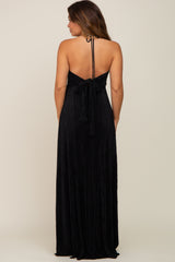 Black Plisse Halter Back Tie Maternity Maxi Dress