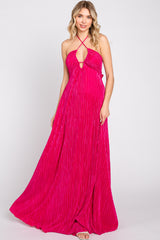 Fuchsia Plisse Halter Back Tie Maternity Maxi Dress