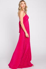 Fuchsia Plisse Halter Back Tie Maxi Dress