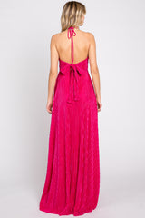 Fuchsia Plisse Halter Back Tie Maxi Dress