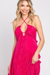 Fuchsia Plisse Halter Back Tie Maxi Dress