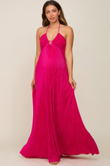 Fuchsia Plisse Halter Back Tie Maternity Maxi Dress