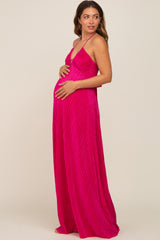 Fuchsia Plisse Halter Back Tie Maternity Maxi Dress