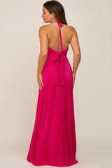 Fuchsia Plisse Halter Back Tie Maternity Maxi Dress