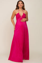 Fuchsia Plisse Halter Back Tie Maternity Maxi Dress