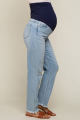 Light Blue Distressed Frayed Hem Maternity Jeans