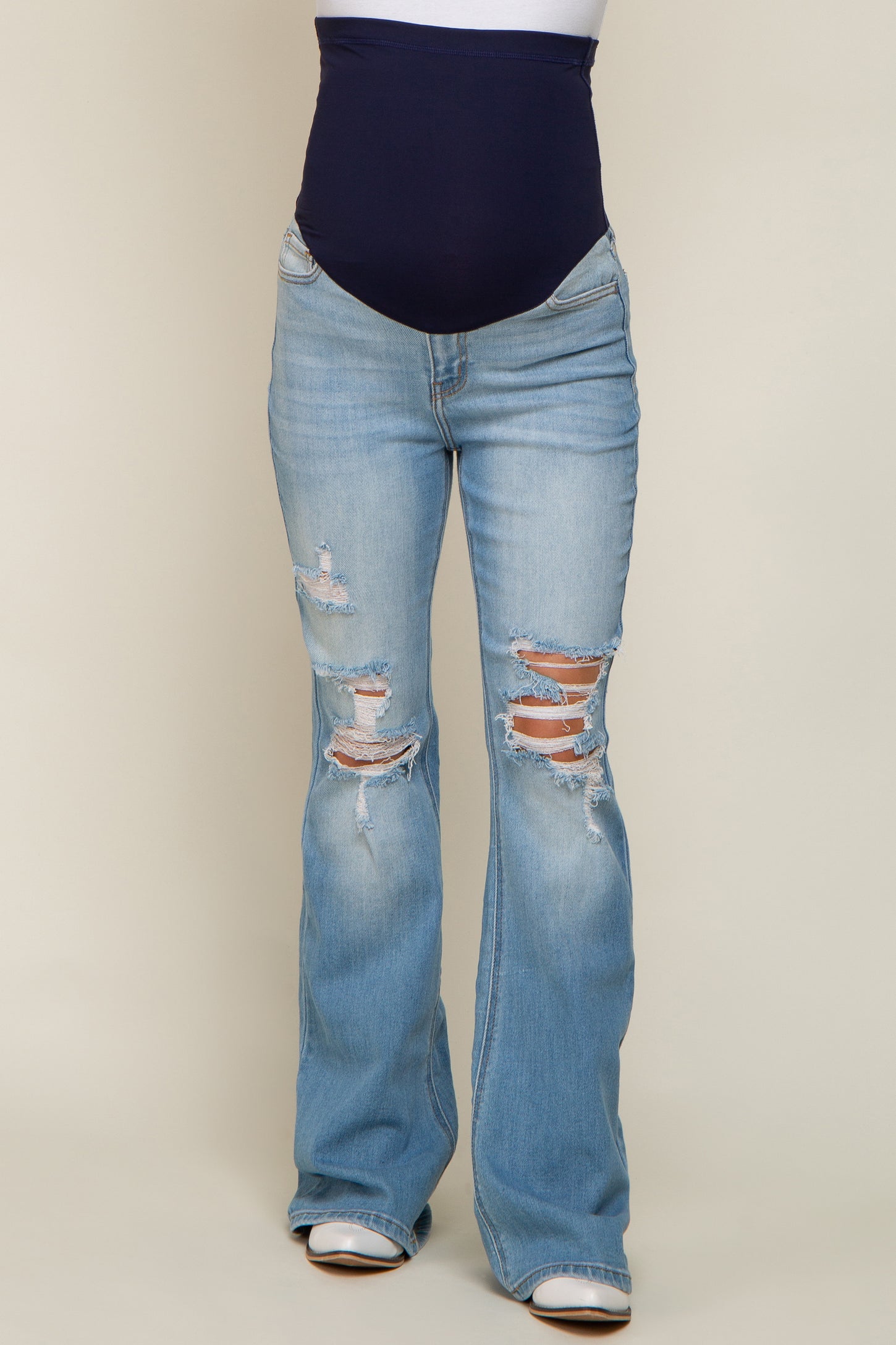 Light Blue Distressed Flare Maternity Jeans