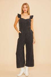 Black Denim Jumpsuit With Ruffle Shoulder Strap