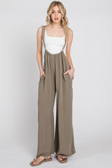 Olive Washed Woven Suspender Style Jumpsuit