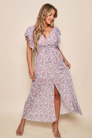 Taupe Ruffled Floral Print Maxi Dress