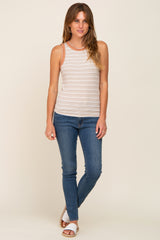 Taupe Striped Raw Hem Trim Tank Top