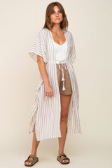 Ivory Striped Side Slit Tassel Tie Cover-Up