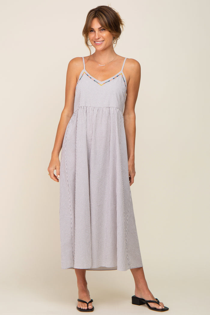Light Blue Striped Embroidered Midi Dress
