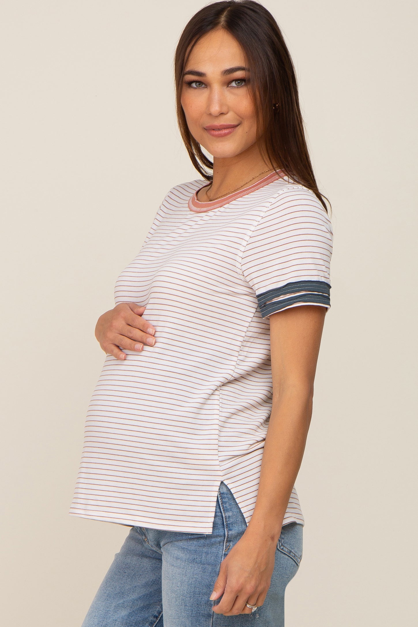 Mauve Striped Colorblock Maternity Top