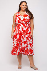 Red Flower Side Tie Plus Wrap Dress