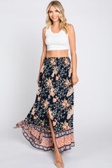 Navy Blue Floral Border Print Smocked Waist Button Front Maternity Maxi Skirt