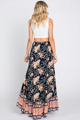 Navy Blue Floral Border Print Smocked Waist Button Front Maxi Skirt