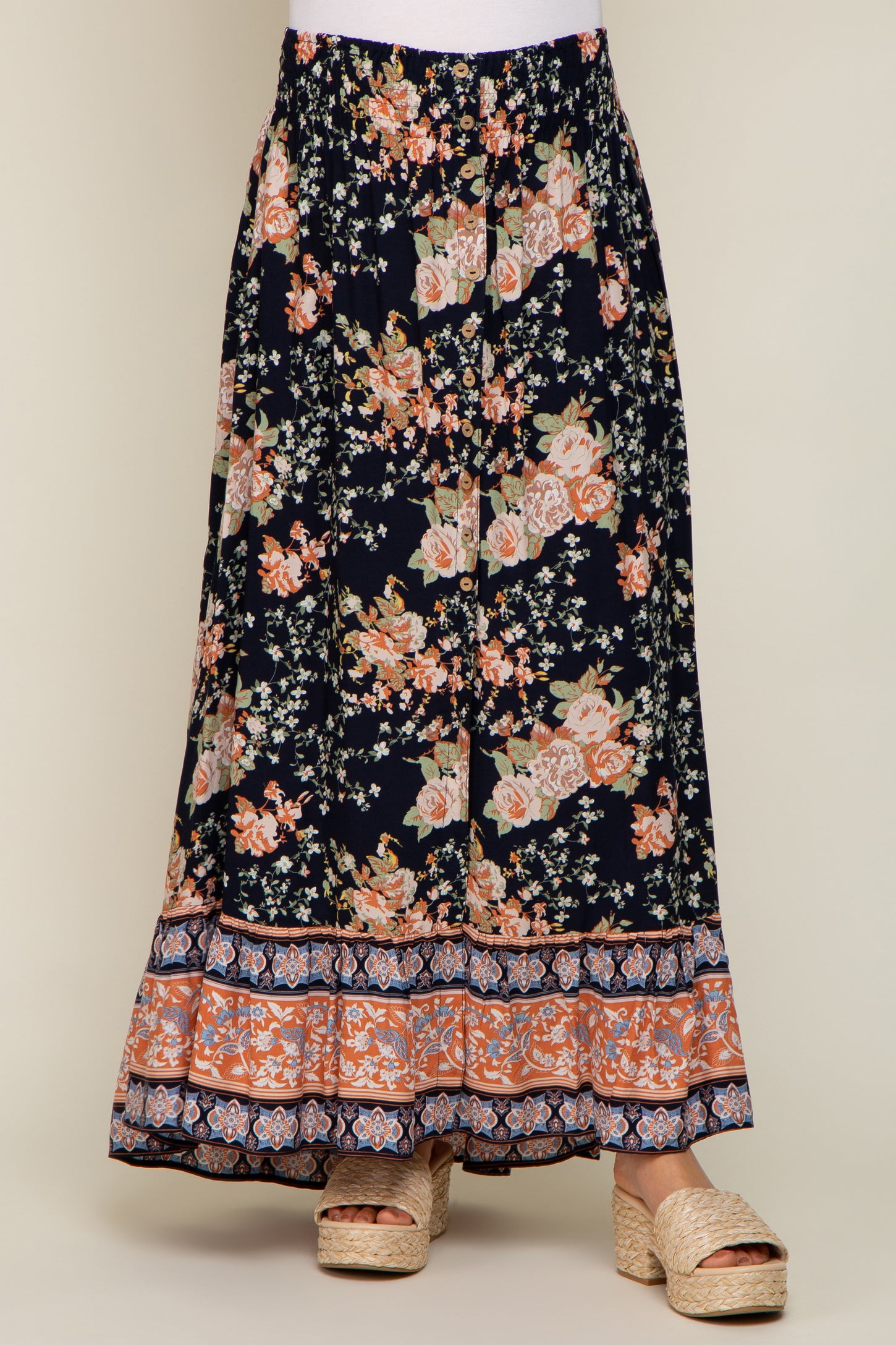 Navy Blue Floral Border Print Smocked Waist Button Front Maternity Maxi Skirt